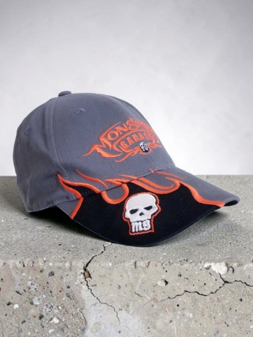 Monster Garage Skull Flame Embroidered Y2K Trucker Dad Hat Biker Cap Gray OS